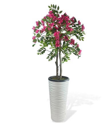 Yapay Ağaç Begonvil Ağacı Fuşya Bodrum Çiçeği Beyaz Kumsal Vazoda 150cm