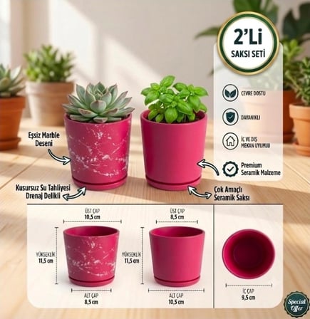 2’li Seramik Saksı (Kalemlik,Fırçalık,Masa Organizeri ) / Modern Dekoratif El Yapımı Tasarım