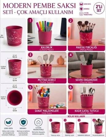 2’li Seramik Saksı (Kalemlik,Fırçalık,Masa Organizeri ) / Modern Dekoratif El Yapımı Tasarım
