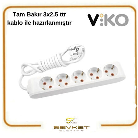 VİKO 5'li 10 Metre Topraklı Grup Priz 3x1.5 Kablolu