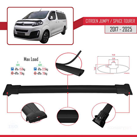Citroen Jumpy 3 (K0) Space Tourer 2017 ve Sonrası ile Uyumlu FLY Model Ara Atkı Tavan Barı Siyah 2 Adet