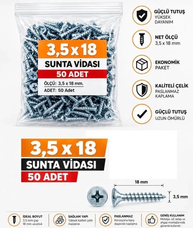 3,5X18 mm Sunta Vidası 50 Adet Mobilya Ahşap MDF Sunta Vidası