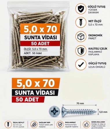 5x70 mm Sunta Vidası 50 Adet Mobilya Ahşap MDF Sunta Vidası
