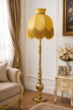 Gold Kadife Başlık Gold Ahşap Ayaklı Lambader Vintage Model 170x50cm