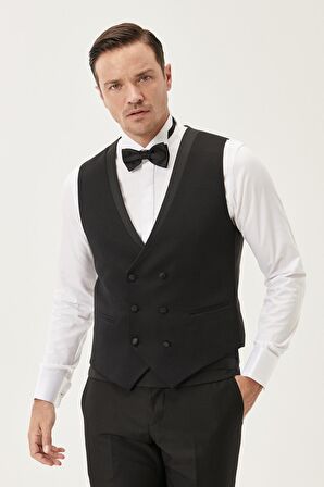 Erkek Siyah Slim Fit Dar Kesim Yelekli Desenli Smokin Damatlık