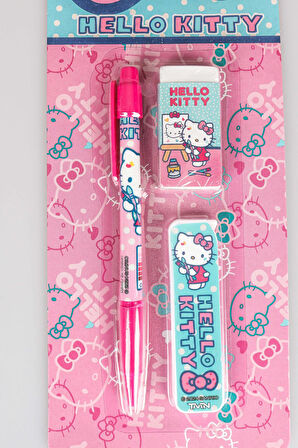 DEKOMUS İLE LİSANSLI HELLO KITTY VERSATİL UÇLU KALEM , SİLGİ VE 0.7 MM UÇ SETİ