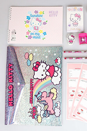 DEKOMUS İLE LİSANSLI HELLO KITTY PREMIUM 18 PARÇA KIRTASİYE SETİ SİLGİ TEPELİ GEÇMELİ KALEM,VERSATİL UÇLU KALEM,KURŞUN KALEM,SİLGİ VE KALEMTRAŞ SETİ