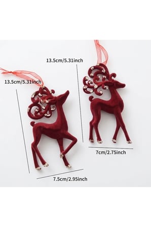 Yılbaşı Ağacı Süsü 2'li Set (13.5 cm) – Kırmızı Kadife Geyik Figürlü Simli Ağaç Süsü