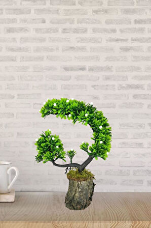Yapay Çiçek Bonsai Ağacı Kütük Saksıda Beyaz Tomurcuklu Hilal Model Dekoratif Yapay Ağaç Bonzai 30*20 CM