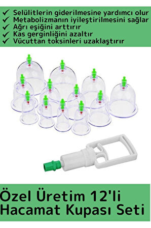 Özel Üretim Yüksek Kaliteli Selülit Çatlak Giderici Vakumlu 12'li Hacamat Kupası Seti