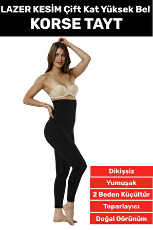 Doğal Görünüm Çift Kat Bel 2 Beden İncelten Vücut Toparlayıcı LAZER KESİM Yüksek Bel Korse Tayt