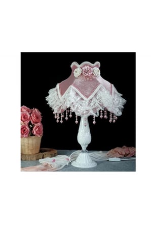 Kadife Kaplı Çiçek Dekorlu Başlık Beyaz Metal Ayaklı Klasik Abajur 55x25cm