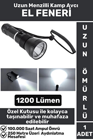 Premium Seri Uzun Ömürlü Kamp Avcı Deprem Uzun Menzilli Şarjlı Beyaz Işık 1200 Lümen El Feneri