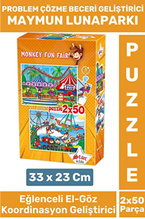 Premium Eğlenceli El Göz Koordinasyon Beceri Geliştirici Çocuk 2X50 Parça PUZZLE MAYMUN LUNAPARKI