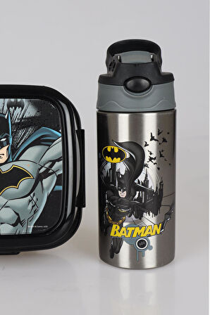 YENİ SEZON LİSANSLI BATMAN 500 ML ÇELİK MATARA VE BESLENME KABI YEMEK SETİ