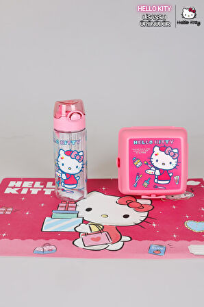 YENİ SEZON LİSANSLI HELLO KITTY BESLENME ÖRTÜSÜ,500 ML TRITAN MATARA VE 2 KATLI BESLENME KABI YEMEK SETİ 