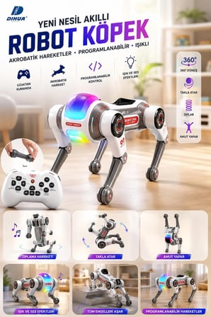 Akıllı Robot Köpek Uzaktan Kumandalı Programlanabilir Akrobatik Takla Atan Zıplayan Işıklı Sesli Robot Oyuncak