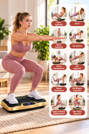 Titreşimli Spor ve Egzersiz Platformu 99 Hız Seviyeli LCD Ekranlı Direnç Bantlı Ev Tipi Fitness Masaj Aleti