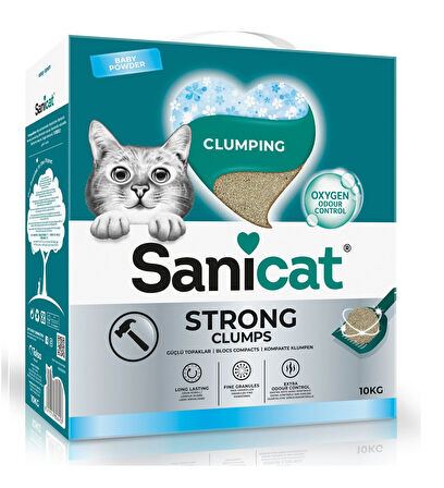 Sanicat Strong Clumps Extra Güçlü Bebek Pudralı Topkalanan Kedi Kumu 10 KG.