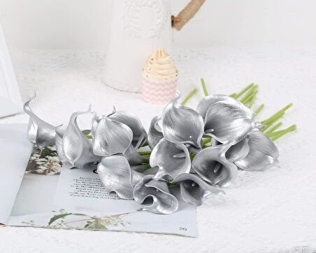 Yapay Çiçek Gümüş Renk Gala Eva Malzeme Silver Cala Flower 8li Demet