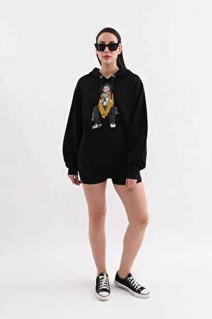 Siyah Baskılı Kapüşonlu Oversize Kadın Sweatshirt