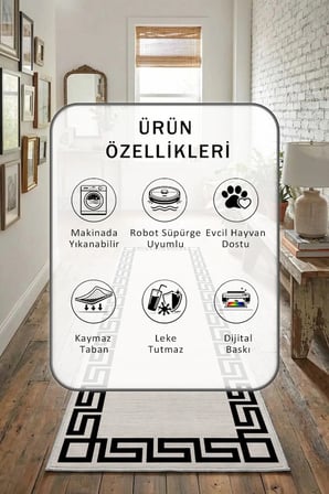 Yıkanabilir Kaymaz Versus L Milad Krem Siyah Dijital Baskılı Yolluk Halı Tüy Tutmaz Krem Si