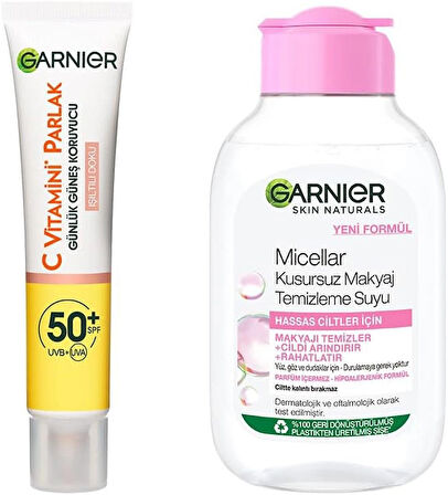Garnier 100ml Micellar Makyaj Temizleme Suyu + C Vitamini Parlak Yüz Güneş Kremi Görünmez Doku