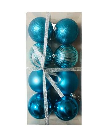YILBAŞI TOP AĞAÇ SÜSÜ AÇIK MAVİ 8'Lİ SET PLASTİK 8CM