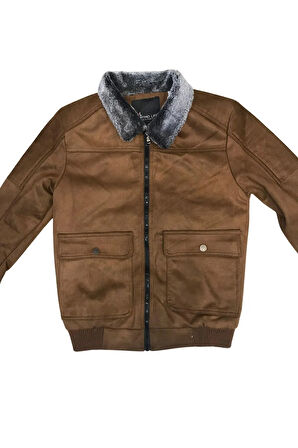 Kürklü Yaka Trend Dışı Süet İçi Peluş Mont Ceket