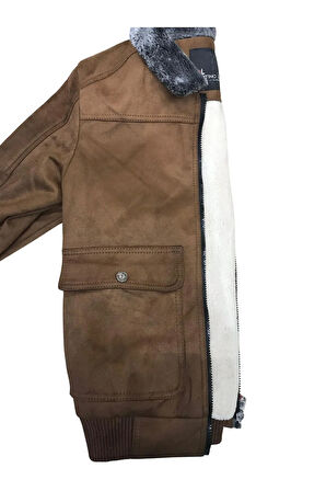 Kürklü Yaka Trend Dışı Süet İçi Peluş Mont Ceket