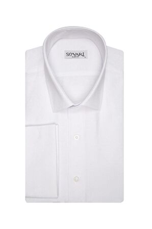 Süvari Erkek Beyaz Slim Fit Armür Desenli Manşetli Gömlek