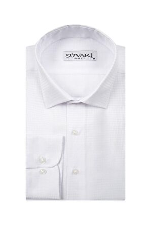 Süvari Slim Fit Armür Desenli Beyaz Erkek Gömlek