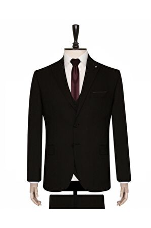 Süvari Yelekli Dar Kesim Siyah Desenli Takım Elbise