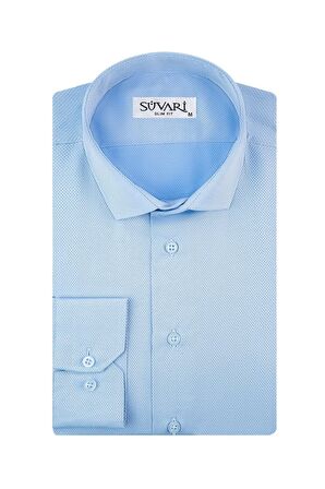 Süvari Slim Fit Armür Desenli Soluk Mavi Erkek Gömlek