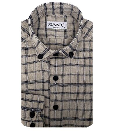 Süvari Slim Fit Desenli Flanel Uzun Bej Erkek Gömlek