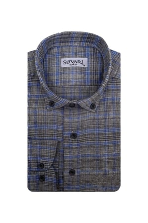 Süvari Slim Fit Desenli Flanel Uzun Gri Erkek Gömlek