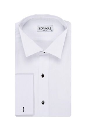 Slim Fit Ata Yaka Siyah Düğmeli Beyaz Erkek Smokin Gömlek