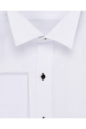 Slim Fit Ata Yaka Siyah Düğmeli Beyaz Erkek Smokin Gömlek