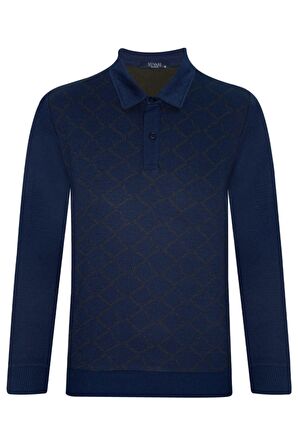 Desenli Polo Yaka Lacivert Erkek Triko Kazak