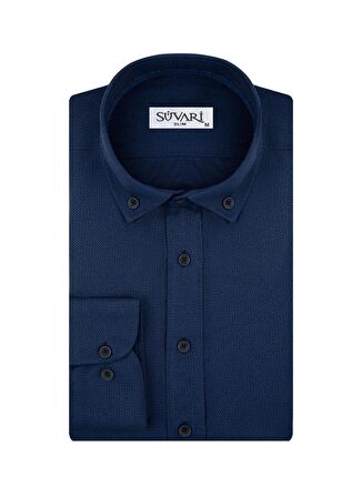 Slim Fit Armür Desenli Lacivert Erkek Gömlek