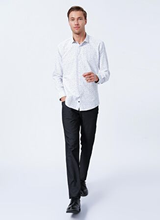 Süvari Slim Fit Baskılı Uzun Kol Gizli Düğme Detaylı Siyah Gömlek
