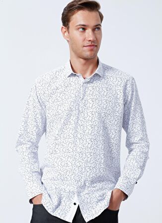 Süvari Slim Fit Baskılı Uzun Kol Gizli Düğme Detaylı Siyah Gömlek