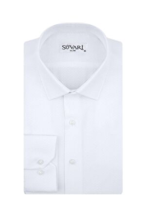 Süvari Slim Fit Armür Desenli Beyaz Erkek Gömlek