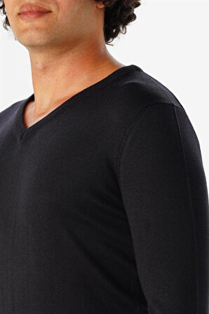 Süvari Rahat Kalıp Yünlü Düz Lacivert V Yaka Triko