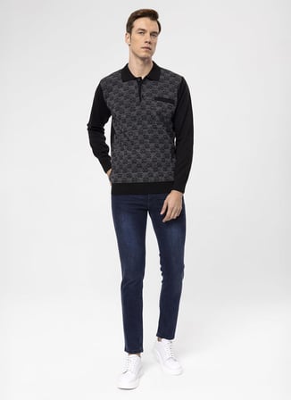 Süvari Polo Yaka Regular Fit Armürlü Siyah Erkek Kazak TR2013700284