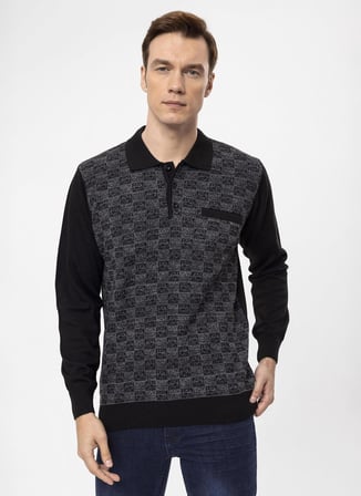 Süvari Polo Yaka Regular Fit Armürlü Siyah Erkek Kazak TR2013700284
