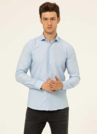 Süvari Slim Fit Klasik Yaka Düz Mavi - Buz Erkek Gömlek GM1007100482