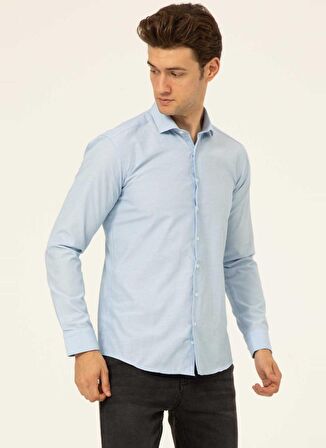 Süvari Slim Fit Klasik Yaka Düz Mavi - Buz Erkek Gömlek GM1007100482