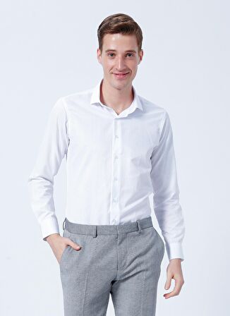 Süvari Slim Fit Klasik Yaka Armürlü Beyaz Erkek Gömlek GM2024700336