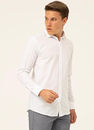 Süvari Slim Fit Klasik Yaka Armürlü Beyaz Erkek Gömlek GM2024700338